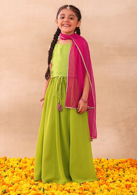 Light Green Lehenga With Embroidered Blouse And Dupatta (Set of 3)