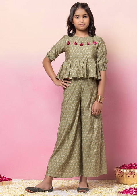 Green Floral Boota Print Peplum Top