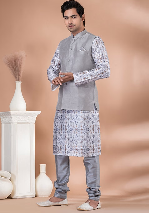 Multicolor Printed Banarasi Silk Nehru Jacket Set For Men