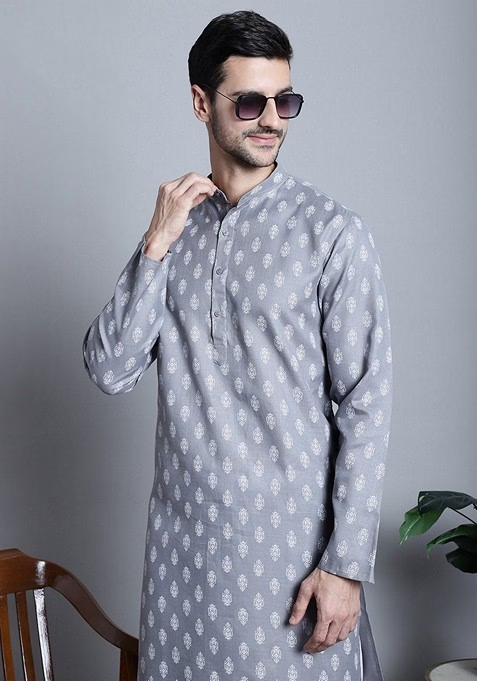 Grey Printed Cotton Blend Kurta For Men