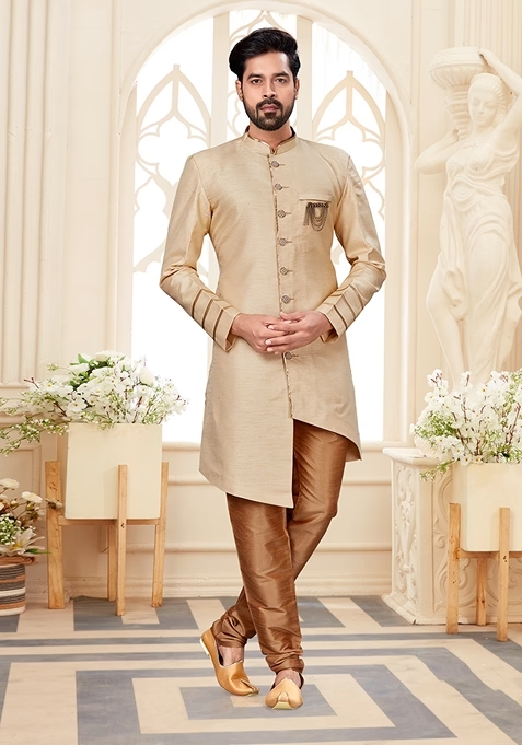 Cream Embroidered Silk Indo Western Sherwani Set For Men