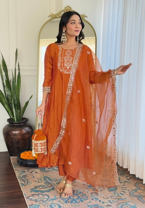 Orange Embroidered Vichitra Silk Kurta Set With Dupatta