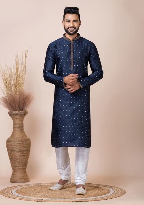 Navy Blue Jacquard Kurta Set For Men