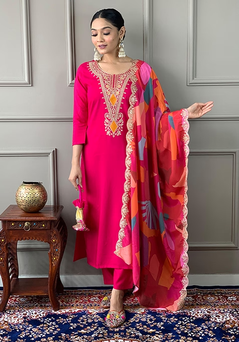 Red Embroidered Viscose Silk Kurta Set With Dupatta
