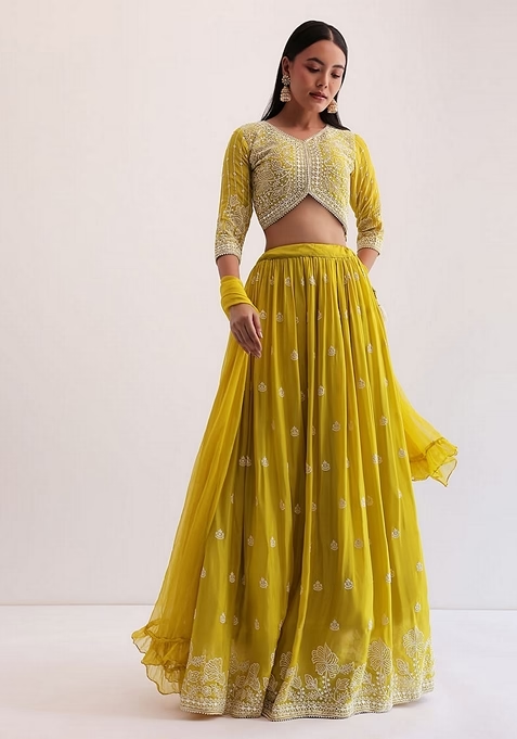Yellow Sequin Thread Embroidered Georgette Lehenga Set