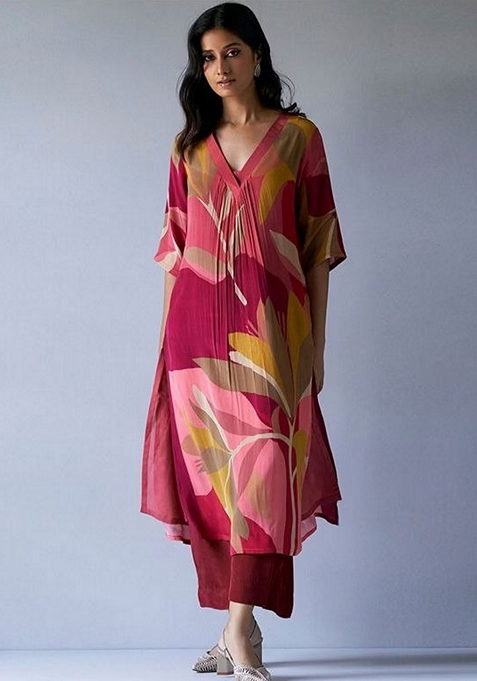 Maroon Digital Print Rayon Kurta Set