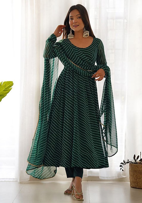 Green Printed Georgette Anarkali Set With Dupatta