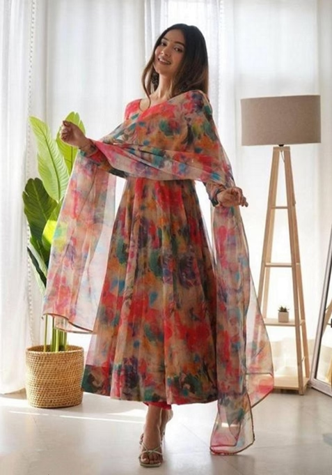 Red Digital Print Georgette Anarkali Set